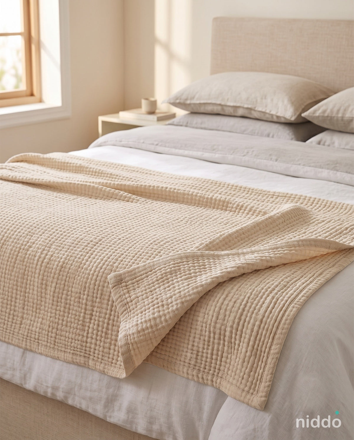 Manta de muselina Niddo beige sobre una cama vestida en tonos neutros