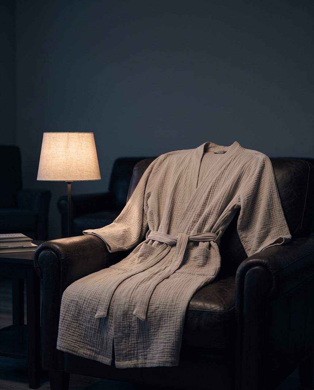 Bata de muselina sobre un sillón, luz de noche