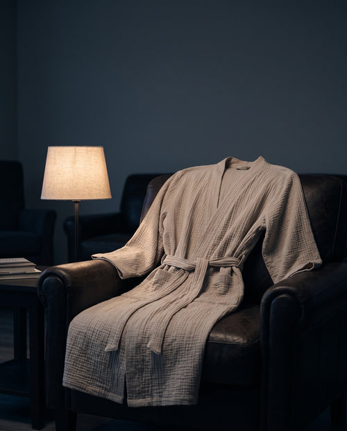 Bata de muselina sobre un sillón, luz de noche